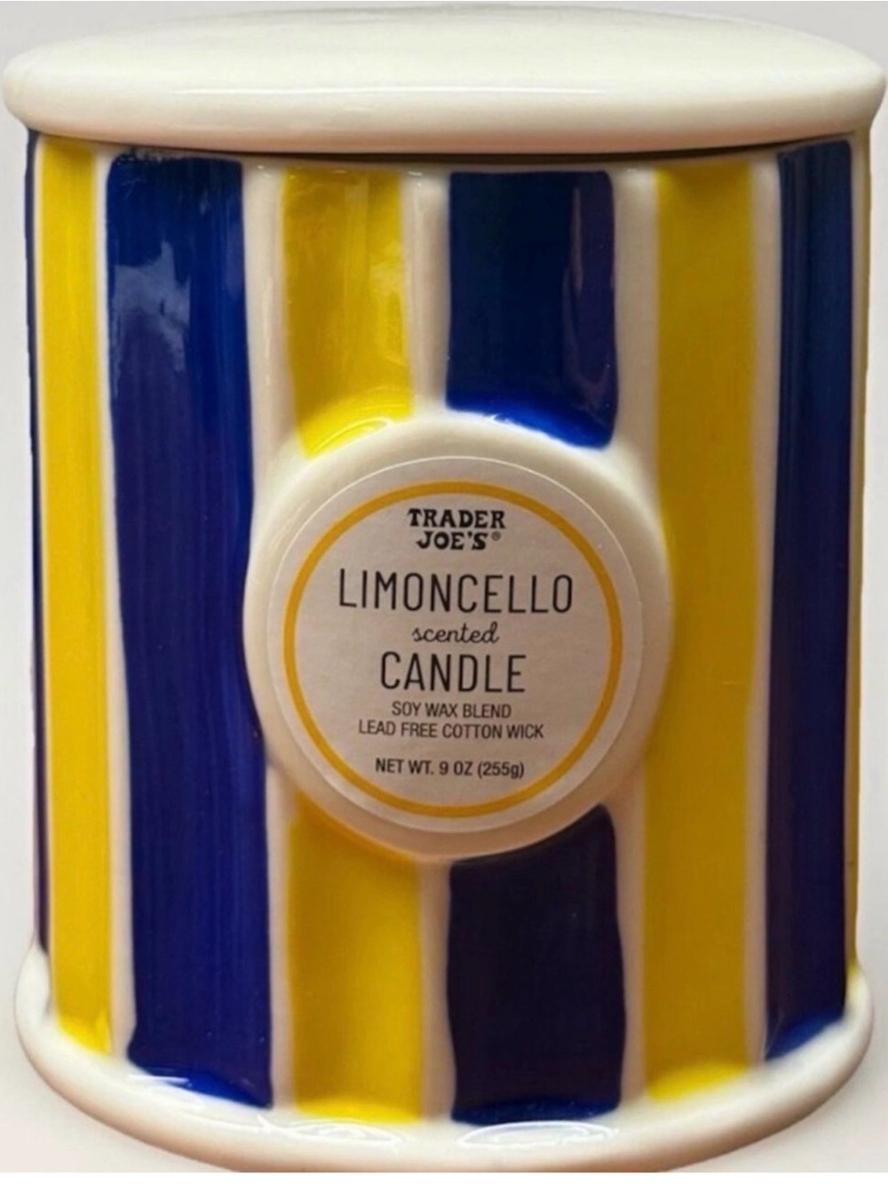 Limoncello Scented Candle Jar - Yellow & Blue Striped Ceramic